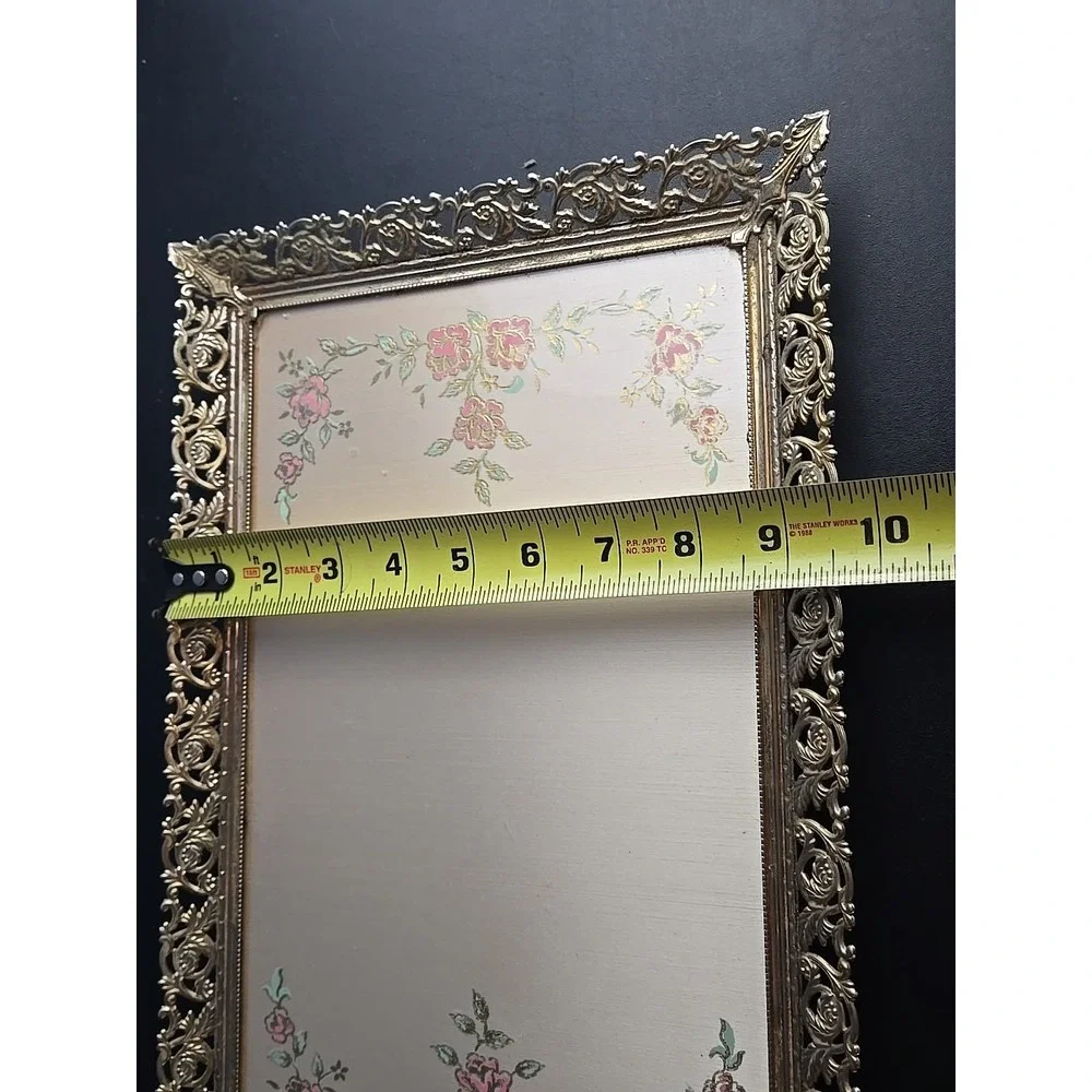 VTG Hollywood Regency Gold Tone Glass Rectangle Vanity Tray Filigree 14.5 x 9.5